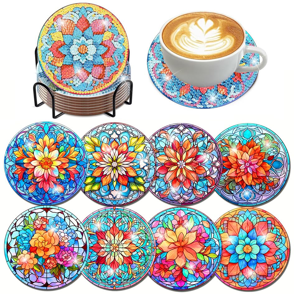 ijbnhd Mandala Diamond Painting Coasters Kit with Holder 4X4IN