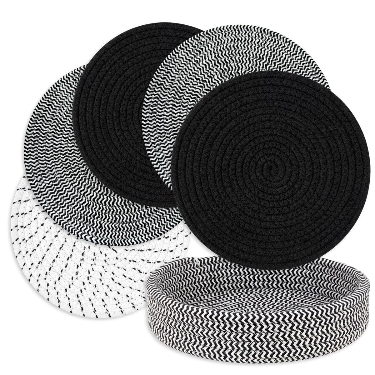 Large Trivets for Hot Dishes, Pots and Pans, Hot Pads with Storage Basket, Pot Holders Heat Resistant Mats, Farmhouse Home Essentials Kitchen Decor 9 Inch (Mix Brown 5 Pcs)