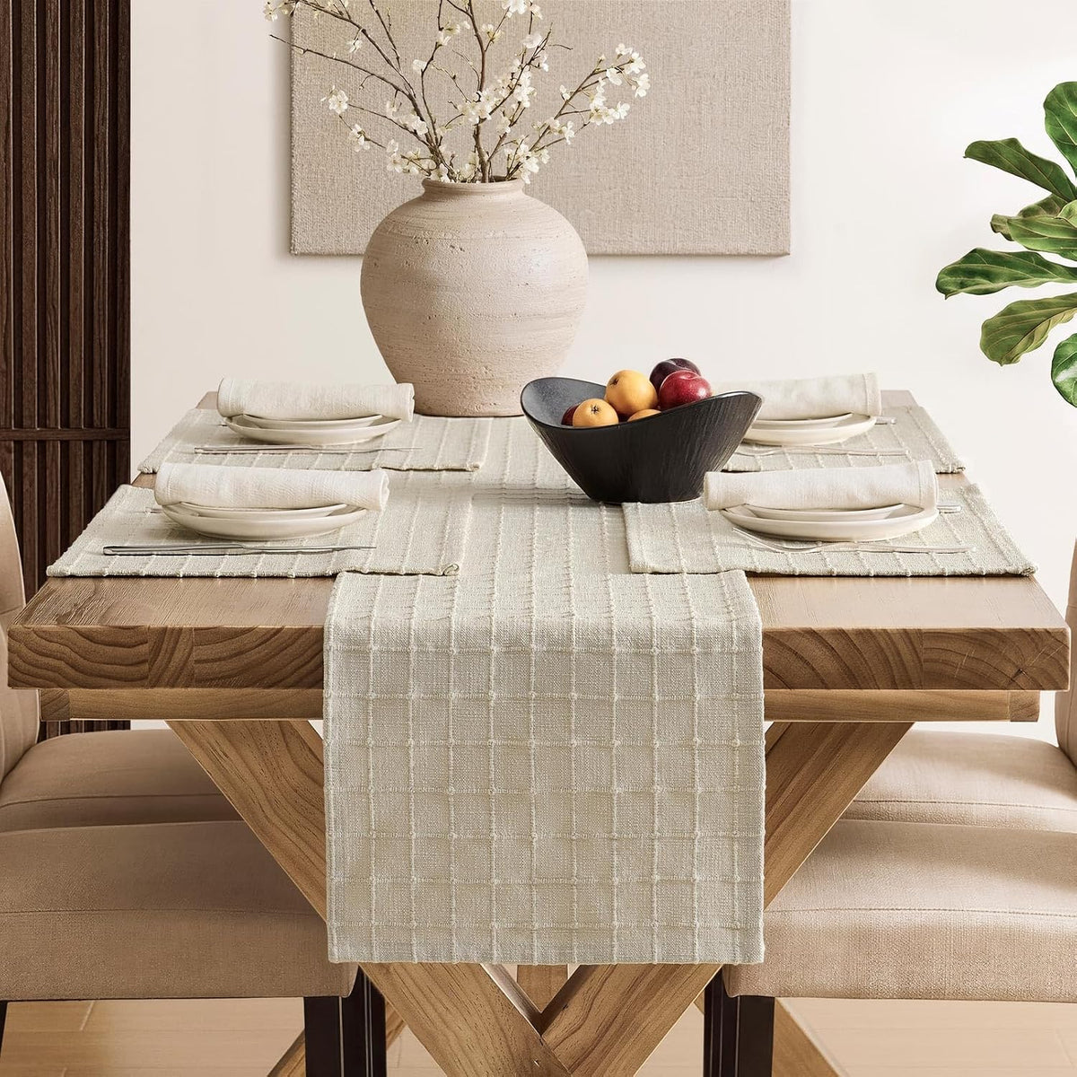 ZeeMart Artisanal Grid Decorative Linen Placemats Set of 6, Neutral Beige