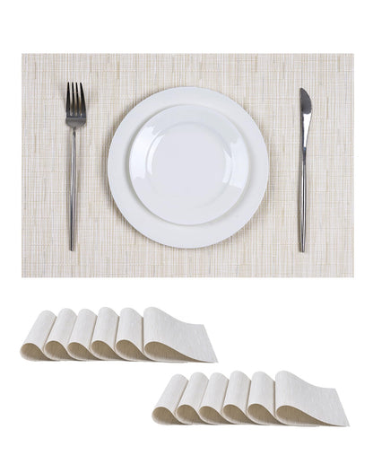 Woven Vinyl Beige Placemats Set of 12, Linen Look & Easy to Clean