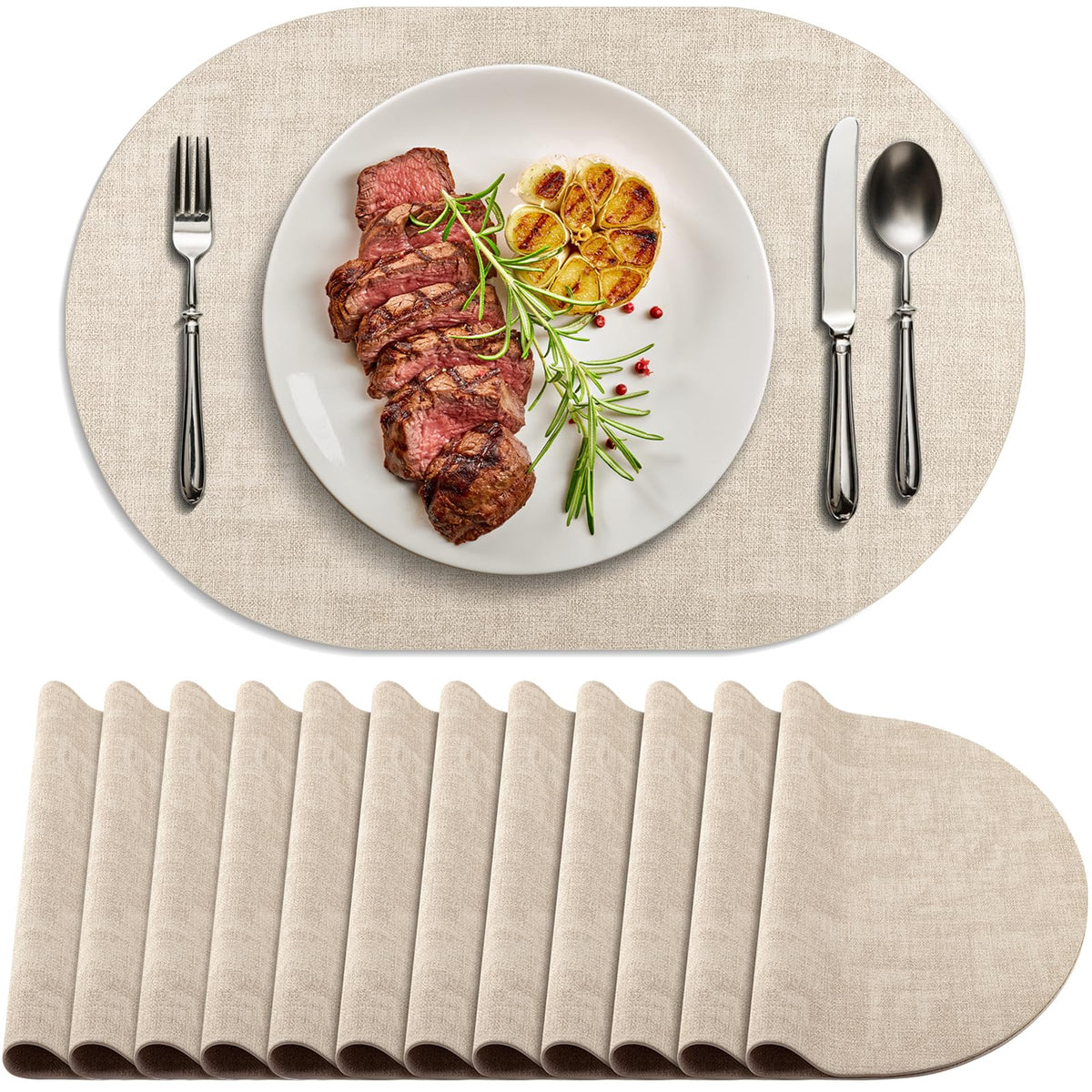 Faux Leather Oval Placemats Set of 6, Beige
