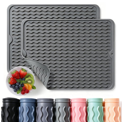 2 Pack Caketime Silicone Dish Drying Mat for Kitchen Counter Dining Placemats Shower Caddy Refrigerator Liners Essentials Heat Resistant Waterproof Trivets Pad Coffee Bar Items 15"x11.5" Milk