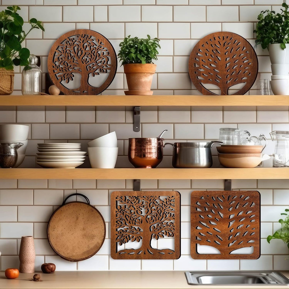 Beeveer 5 Pcs Life Tree Wooden Trivets for Hot Pans and Pots, Dark Wood