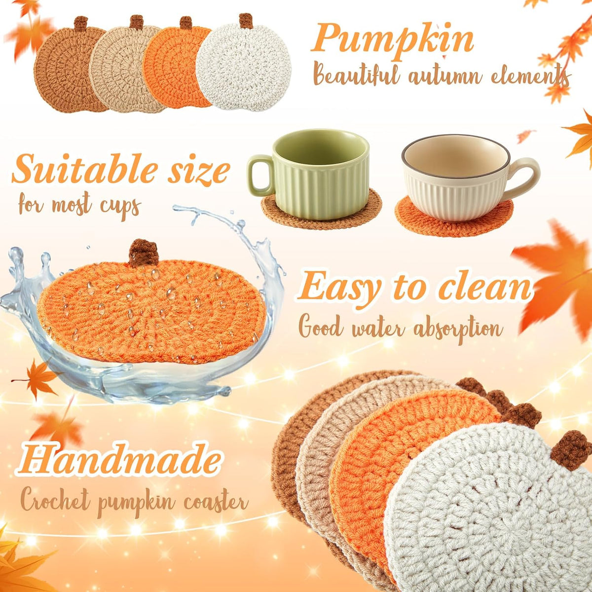 8 Pcs Fall Crochet Coasters, Orange,Brown,Terracotta,Beige, Pumpkin