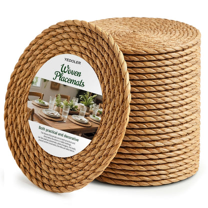 12 Pcs Round Woven Placemats - Yedoler 13 in Farmhouse Boho Straw Heat Resistant Outdoor Patio Rattan Wicker Table Mats, Natural Water Hyacinth Place Mats Coasters for Dining Table,Home,Wedding