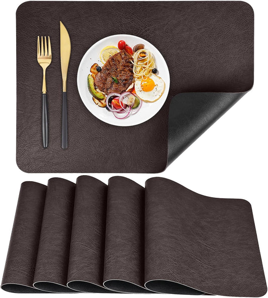 PU Placemats for Dining Table Set of 6, Heat Resistant Leather Placemat, Waterproof Table Mats Easy to Clean for Kitchen Dining Room Coffee Office Table,43 * 30cm,Black/Brown