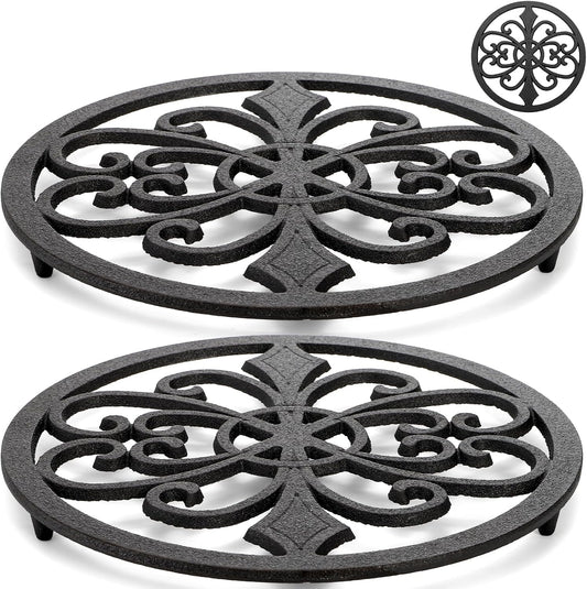 Kingrol 2-Pack Cast Iron Trivets, 8 Inch Heat-Resistant Metal Pot Holders for Hot Dishes, Protect Countertops & Dining Tables, Rustic Farmhouse Kitchen Decor