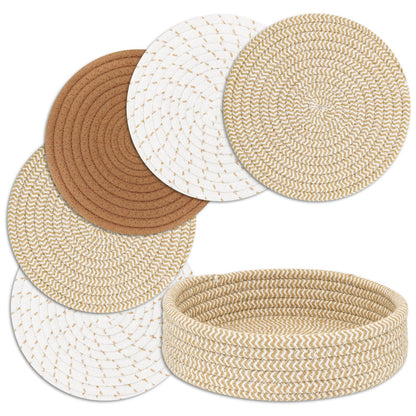 Trivets for Hot Dishes, Pots and Pans, Hot Pads with Storage Basket, Pot Holders for Kitchen, Heat Resistant Mat Protect Counter Home Essentials, Farmhouse Decor (Khaki 4 PCS)