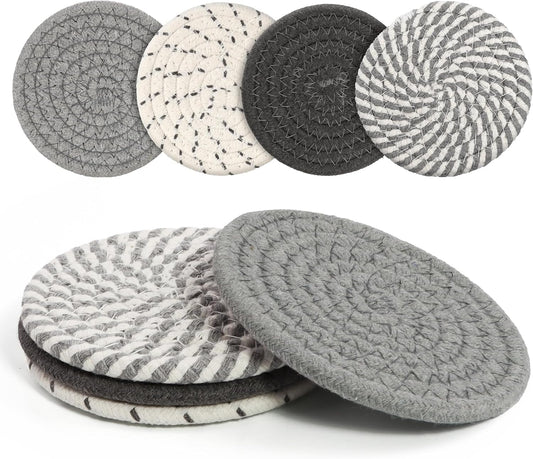Coasters Set of 4 for Drinks, Cotton Woven 4 Colors Absorbent Boho Coasters for Home Decor Cups - Hot or Cold Drink Thickened (Grey)