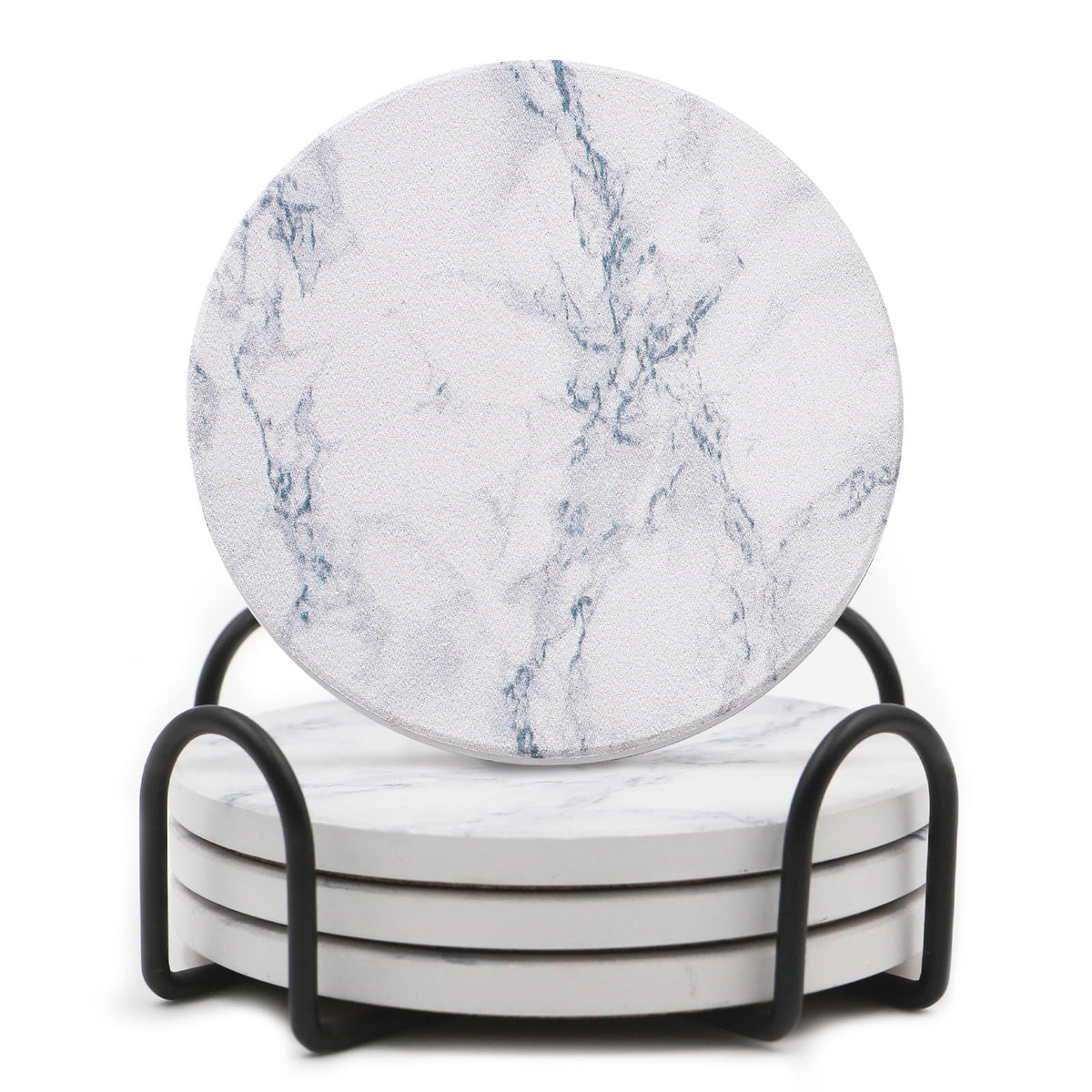 LIFVER Absorbent Coaster Sets of 4, Drink Coasters with Holder, White Marble Style Ceramic Drink Coaster for Tabletop Protection, Suitable for Kinds of Cups and Wooden Table, Cool Home Decor, 4 Inches