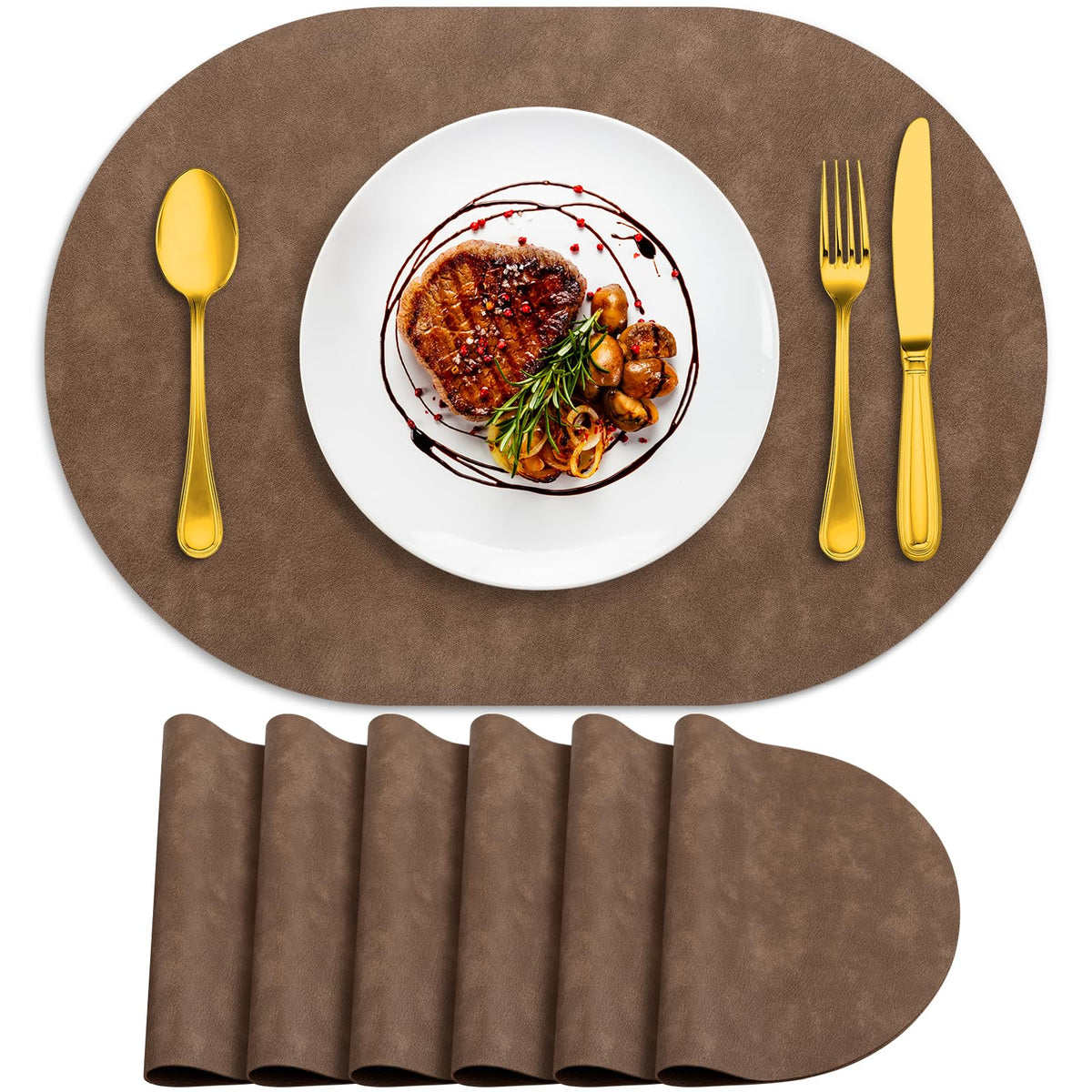 ADRIMER Faux Leather Placemats Set of 6, Heat Resistant 13"x13", Walnut