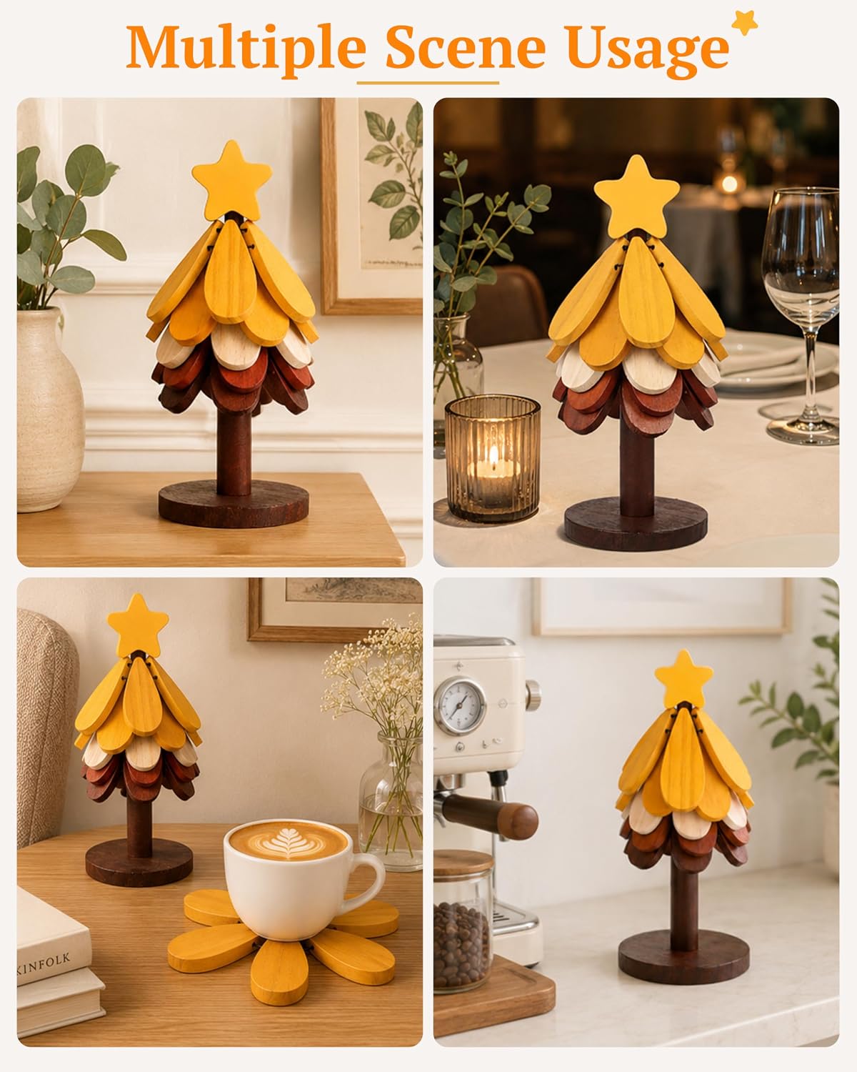 Wooden Tree Trivets for Hot Dishes Set of 5 with Stand Tree Shape Natural Foldable Stackable Wooden Trivets Heat Resistant Decorative Coasters for Pots, Pans, Bowls & Teapots Kitchen Accessories