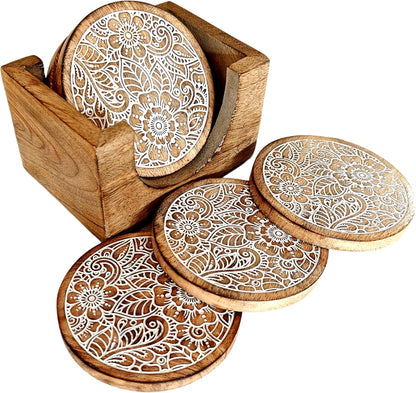 VANIYA CRAFTS® Handmade Round Wooden Coasters for Drinks with Holder for Coffee Table, Hot Drinks, Beverages, Housewarming Gift (Natural White Finish)