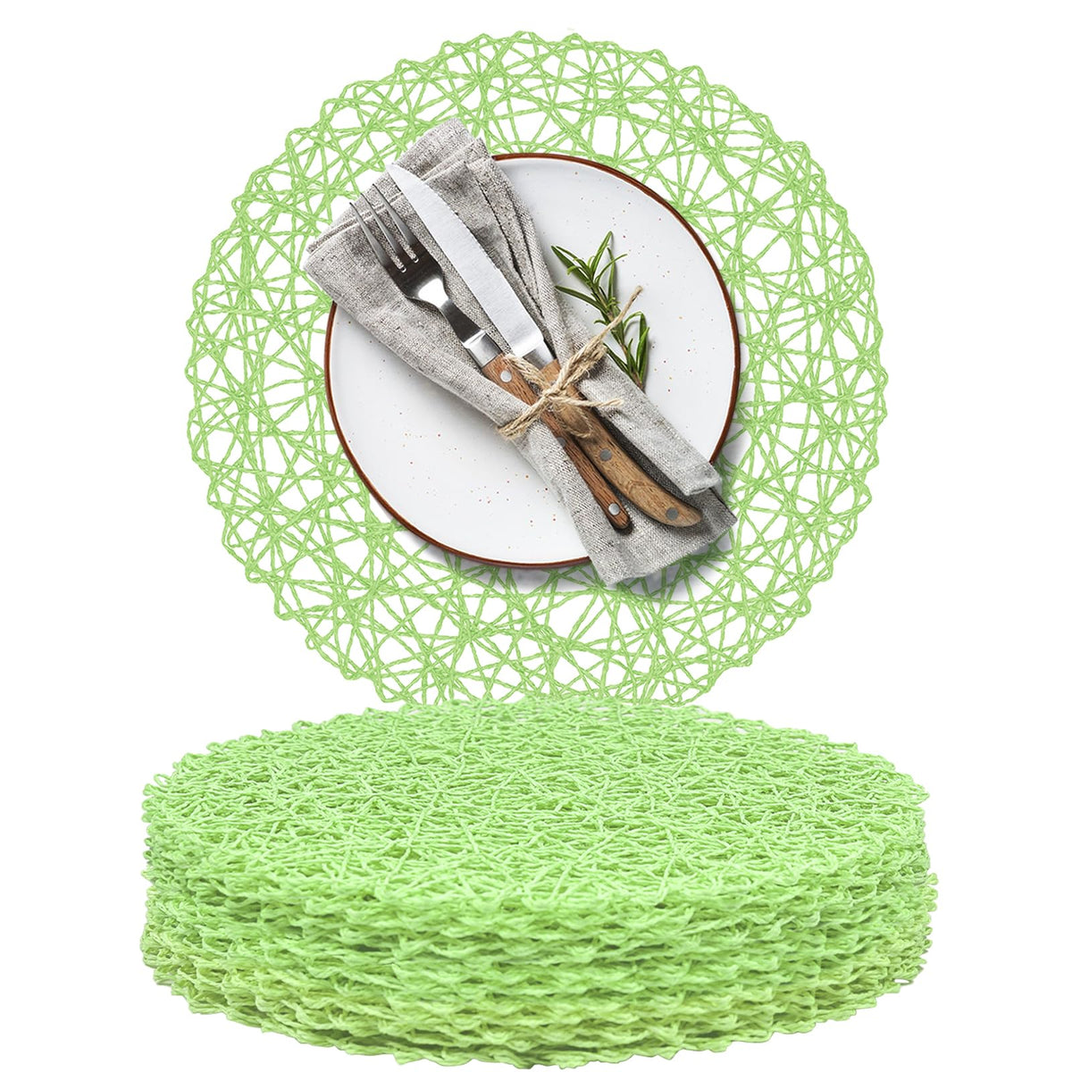 AHHFSMEI Paper Braided Round Placemats Set of 12 Natural Non-Slip Heat Resistant Table Mats for Dining Tables Woven Indoor & Outdoor Place mats(Green,12)