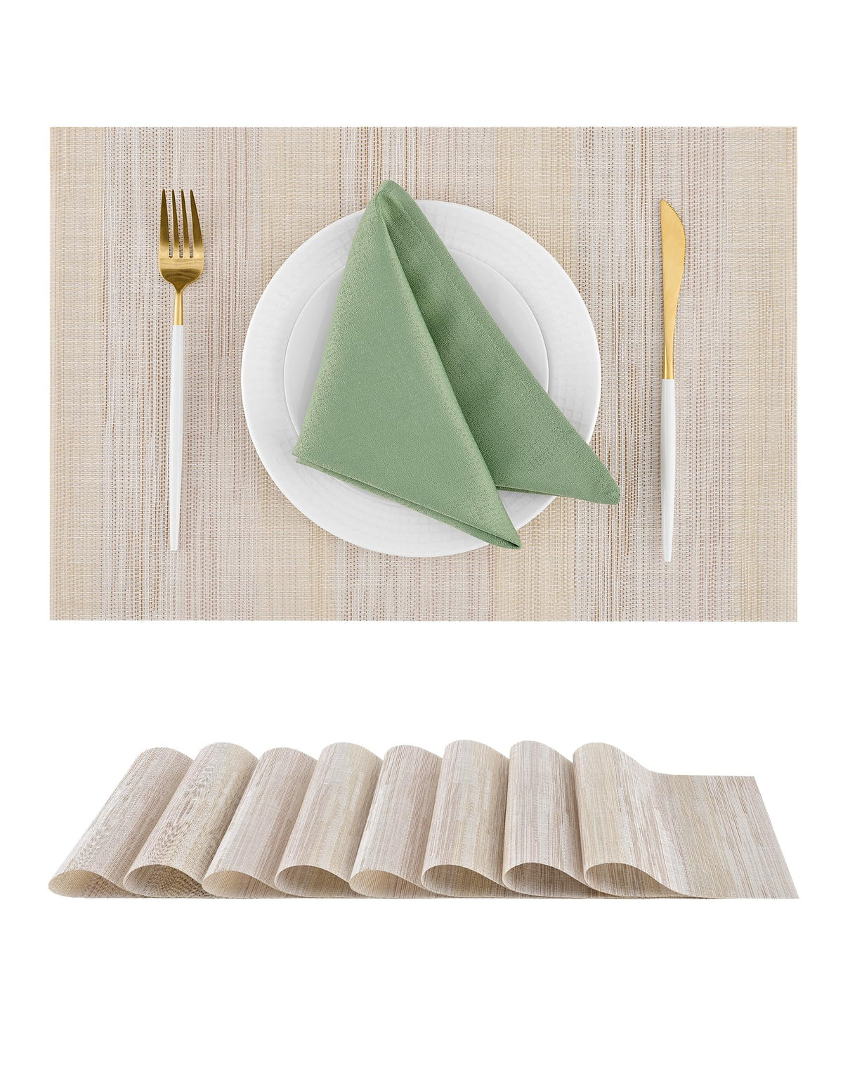Woven Vinyl Beige Placemats Set of 12, Linen Look & Easy to Clean