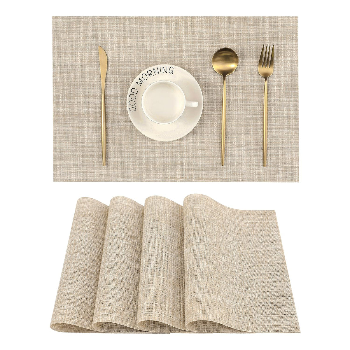 Beige Placemats Set of 6 - Heat-Resistant, Non-Slip Table Mats, Washable Woven Vinyl for Indoor & Outdoor Dining