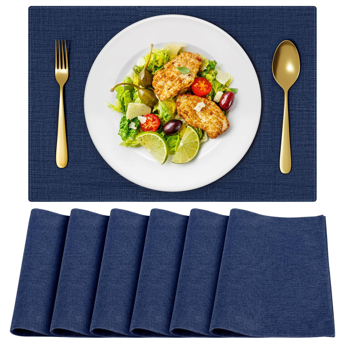 Cloth Placemats, Set of 6 Heat-Resistant Cotton Linen Blend Double Layered Machine Washable Place Mats, Wrinkle Free Thick Fabric Dining Table Mats for Indoors & Outdoors (Navy Blue, 6)