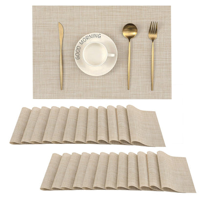 Woven Vinyl Beige Placemats Set of 12, Linen Look & Easy to Clean