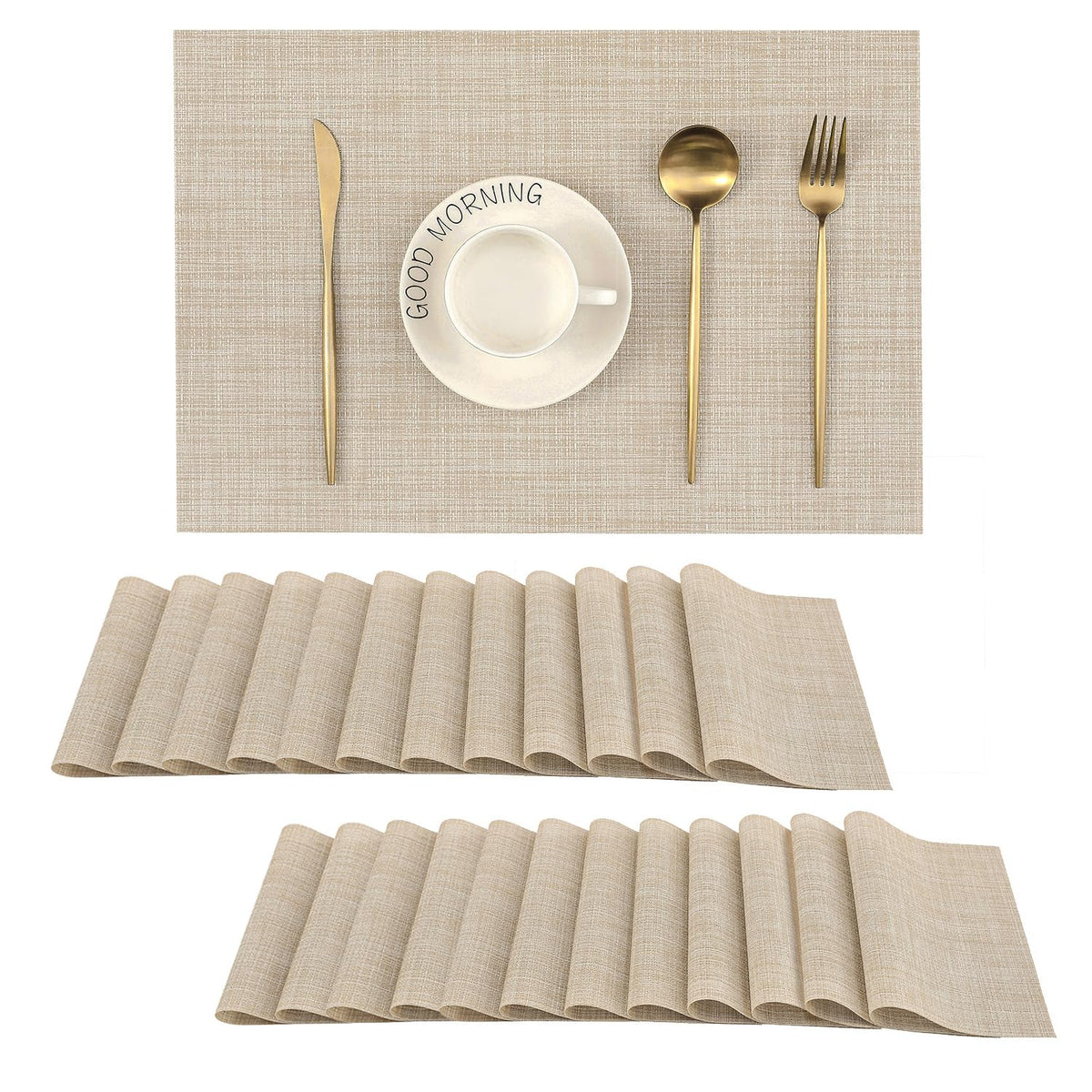 Beige Placemats Set of 8 - Heat-Resistant, Non-Slip Table Mats, Washable Woven Vinyl for Indoor & Outdoor Dining