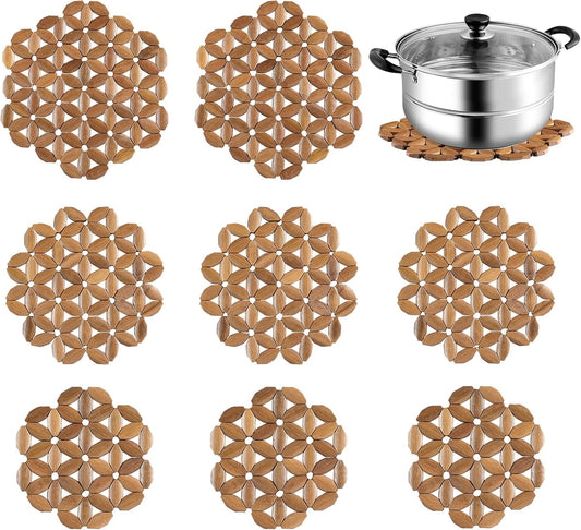 9 Pack Bamboo Trivet Mat for Hot Dishes, 6.5/8.3/10 Inch Heat Resistant Hot Pads Trivets, Hot Pad to Protect Your Table and Countertop, Hot Tea Pot Coaster for Coffee Pot