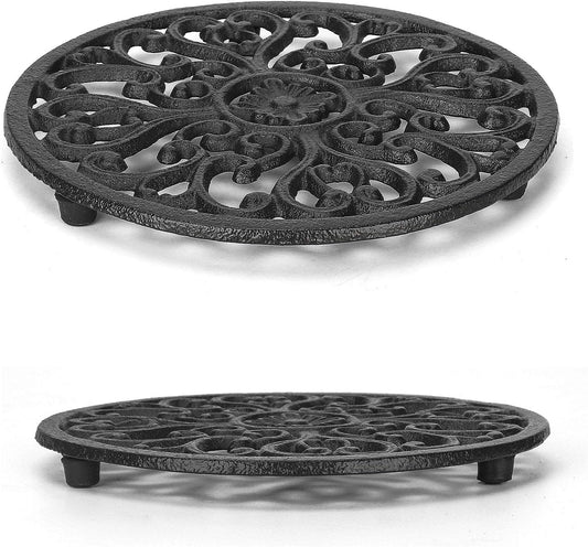 2 Pack Round Cast Iron Trivet, 6.7 Inch Heavy-Duty Trivets for Hot Dishes, Pots and Pans, with Rubber Feet Non-Slip, Rustic Cast Iron Holder for Kitchen Dining Table Countertop