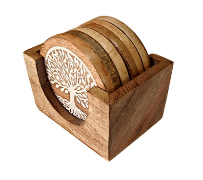 VANIYA CRAFTS® Handmade Round Wooden Coasters for Drinks with Holder for Coffee Table, Hot Drinks, Beverages, Housewarming Gift (Natural White Finish)