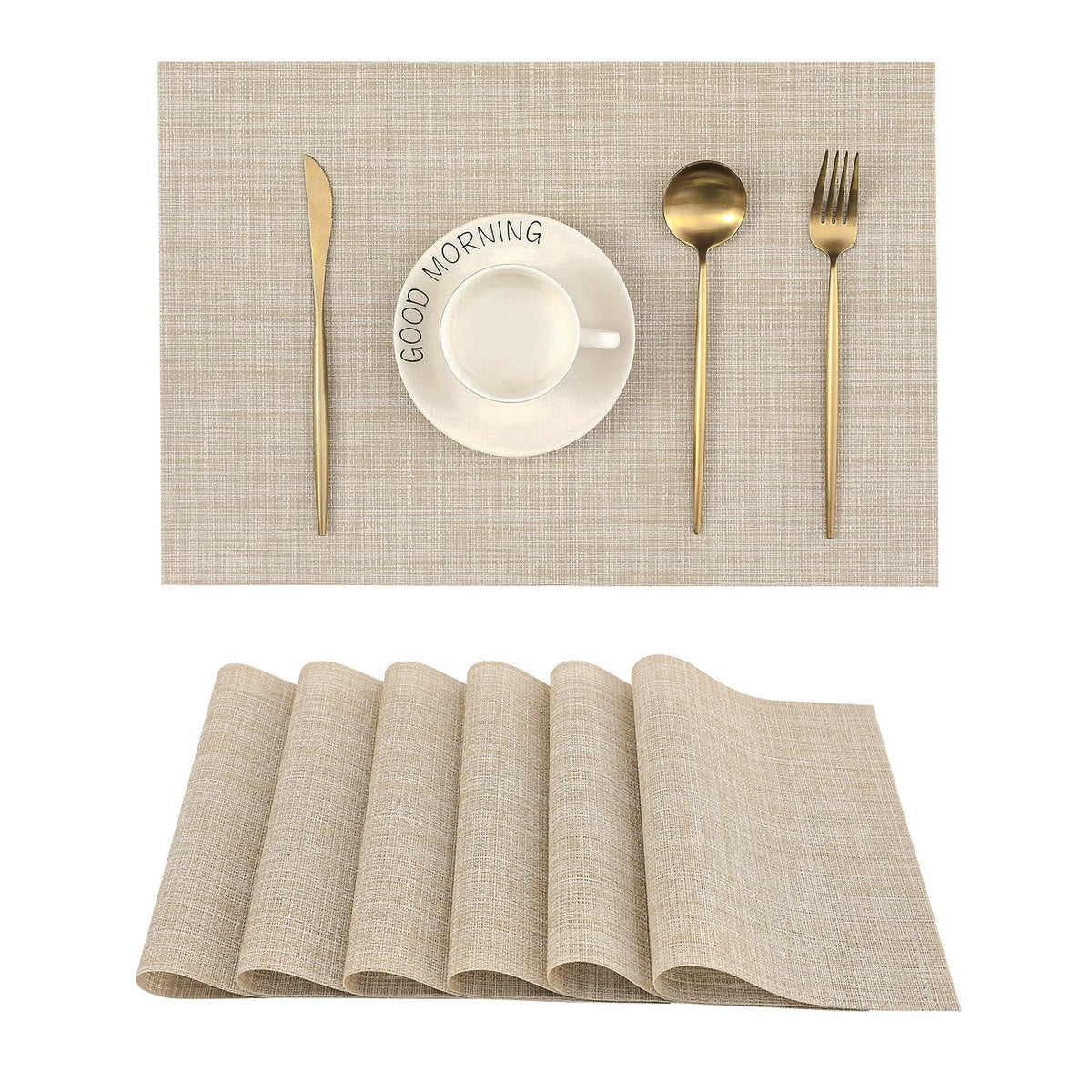 Beige Placemats Set of 4 - Heat-Resistant, Non-Slip Table Mats, Washable Woven Vinyl for Indoor & Outdoor Dining