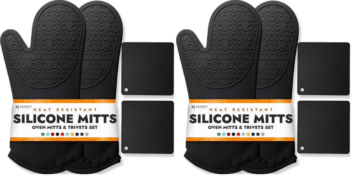 BPA-Free Soft Silicone 4 Piece Oven Mitts & Trivets Set - Ultra Heat Resistant Oven Mitts with Thick Cotton Liner - Long Slip Resistant Pot Holders, Flexible Oven Gloves - Black