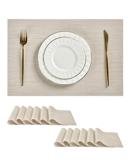 Beige Placemats Set of 6 - Heat-Resistant, Non-Slip Table Mats, Washable Woven Vinyl for Indoor & Outdoor Dining
