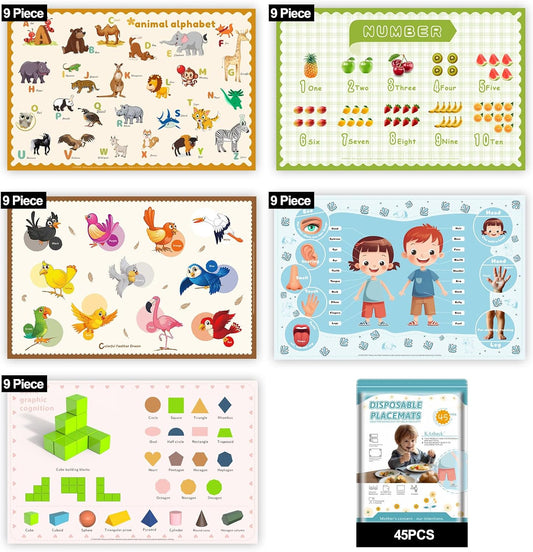45 Pack Sticky Disposable Placemats for Baby & Toddlers, 5 Designs