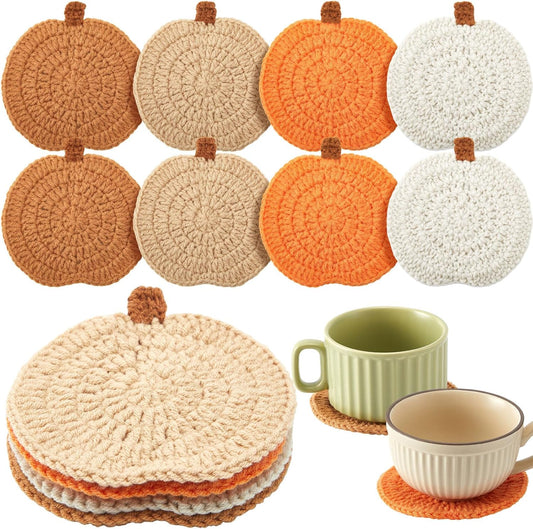 8 Pcs Fall Crochet Coasters, Orange,Brown,Terracotta,Beige, Pumpkin