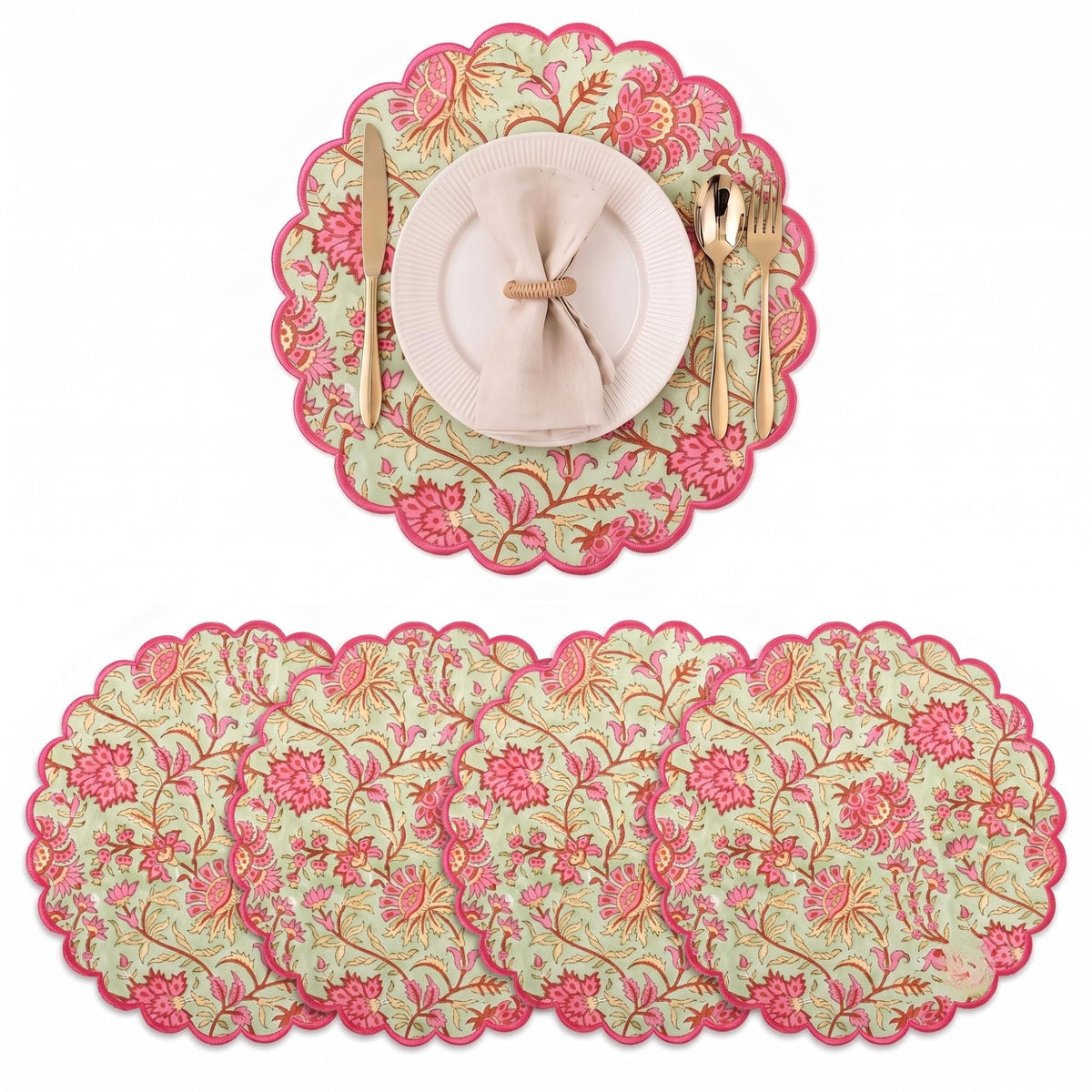 Ridhi Floral Block Print Round Placemats 15 Inch, Set of 4, Assorted Design