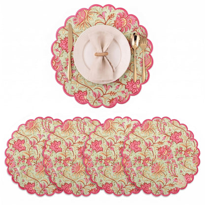 Ridhi Floral Block Print Round Placemats 15 Inch, Set of 4, Assorted Design