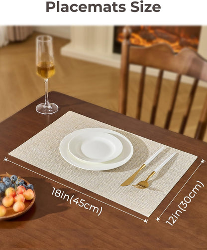 Beige Placemats Set of 6 - Heat-Resistant, Non-Slip Table Mats, Washable Woven Vinyl for Indoor & Outdoor Dining