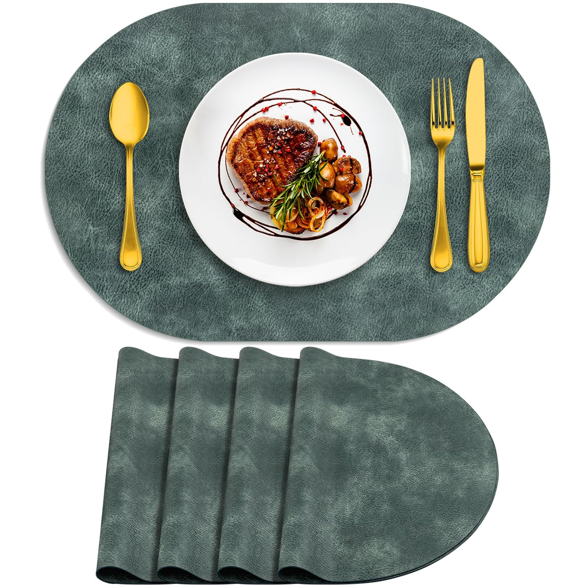ADRIMER Oval Placemats Set of 4, Wipeable Faux Leather, 4 Colors
