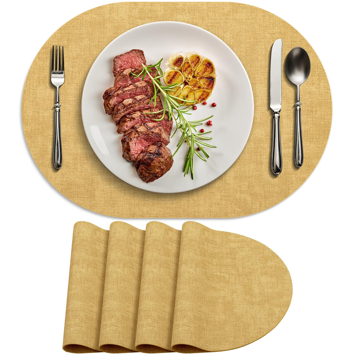 Faux Leather Oval Placemats Set of 6, Beige