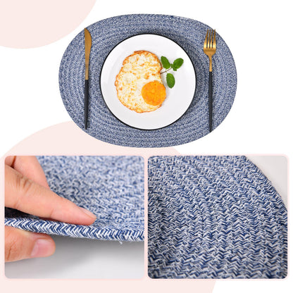 6 Pack Woven Placemats, 12x16 inches Gray Oval Plate Charger Cotton Heat Resistant Non-Slip Weave Place mats Farmhouse Straw Braided Rattan Tablemats Wicker Placemats for Dining Table