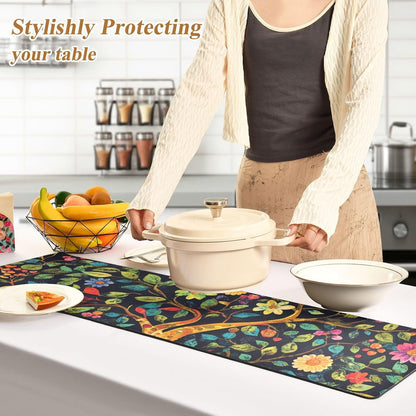 2 in 1 Heat Resistant Table Runner Trivet for Hot Pots and Pans 39 x 12 Inch Long Hot Pad Decorative Table Protector for Kitchen Countertop Tree of Life Floral Leaves