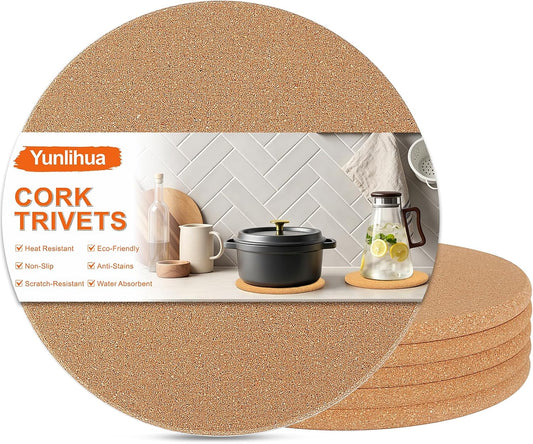 6 PCS Cork Trivets for Hot Dishes, Hot Pots and Pans, Heat Resistant, Multipurpose Non-Slip Cork Hot Pads Mats Coasters for Kitchen, Countertop, Table, High Density Thick Round Cork Trivet