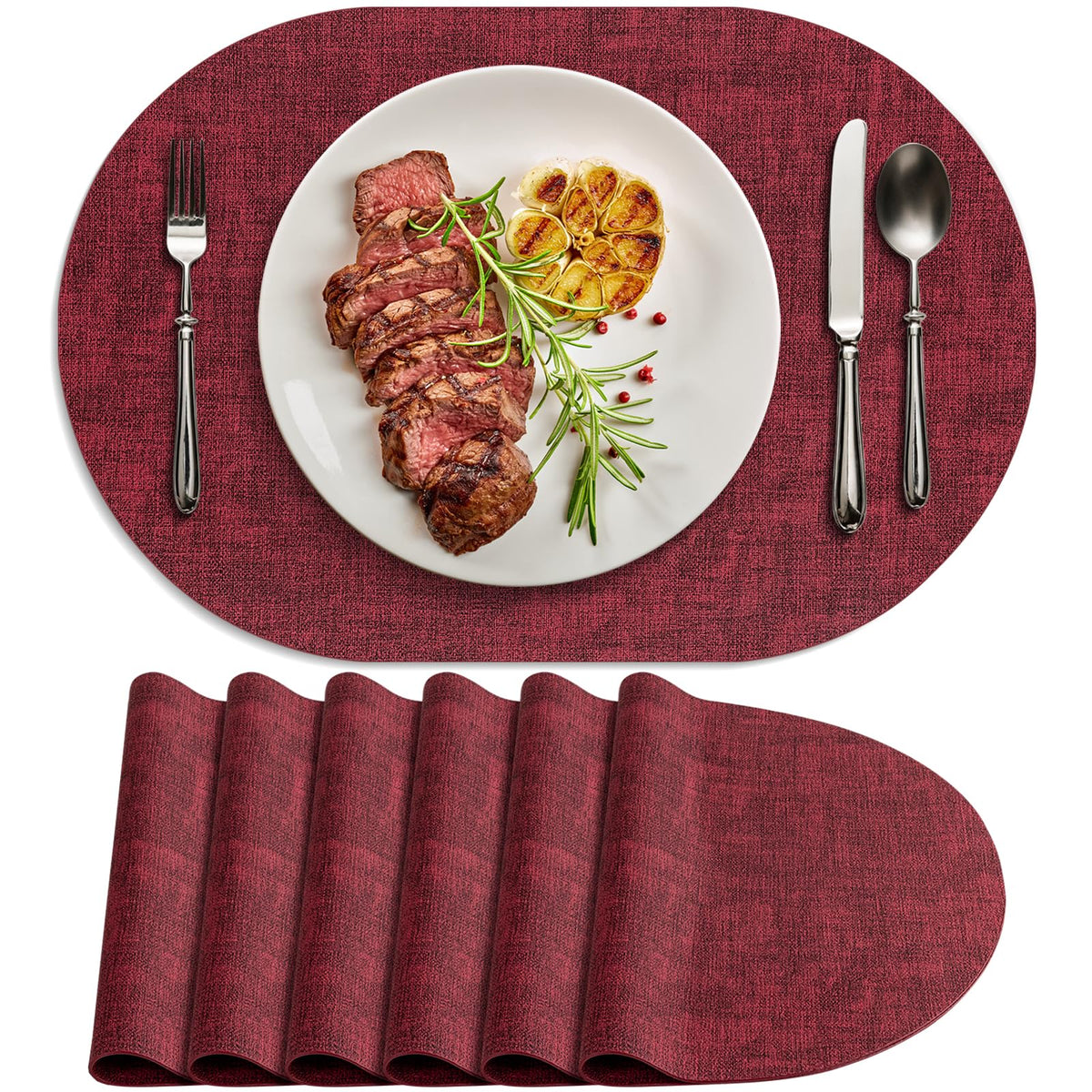 Faux Leather Oval Placemats Set of 6, Beige