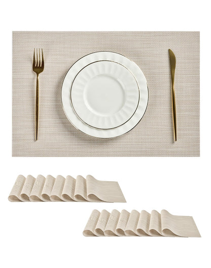 Woven Vinyl Beige Placemats Set of 12, Linen Look & Easy to Clean