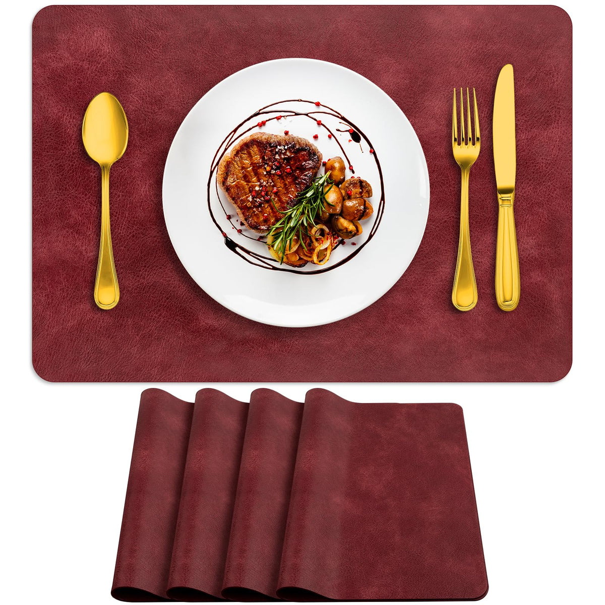 ADRIMER Oval Placemats Set of 4, Wipeable Faux Leather, 4 Colors