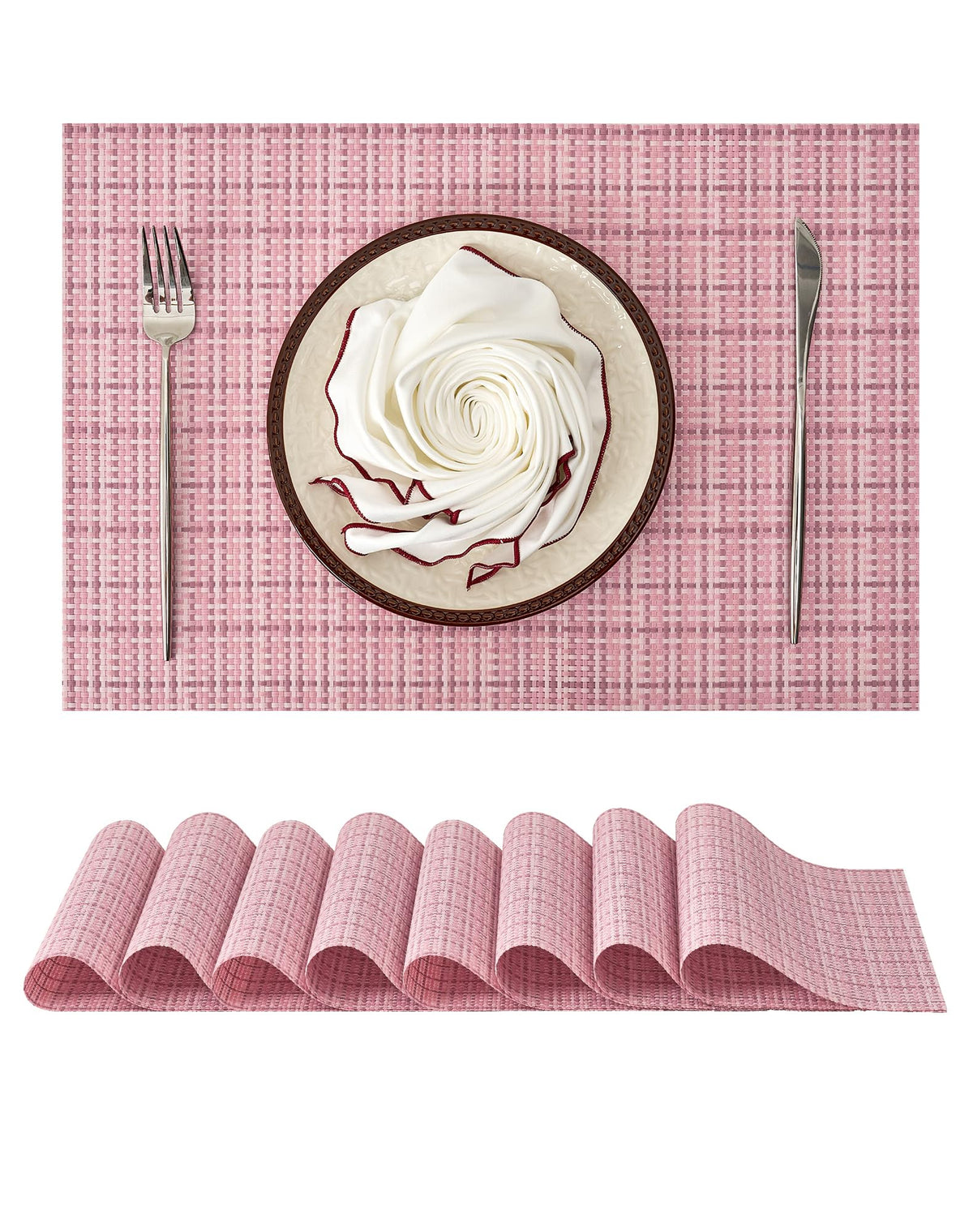 Woven Vinyl Beige Placemats Set of 12, Linen Look & Easy to Clean