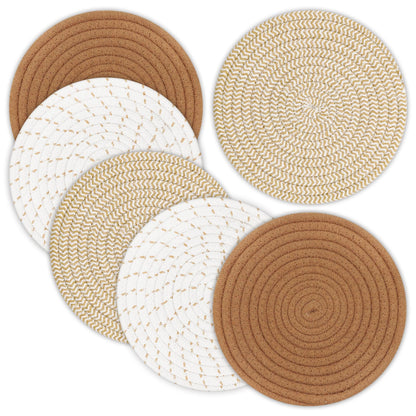 Trivets for Hot Dishes, Pots and Pans, 8 Inches Hot Pads 5 Pcs, Pot Holders for Kitchen, Heat Resistant Mat Protect Counter, Coasters Set Home Essentials Farmhouse Decor (Brown)