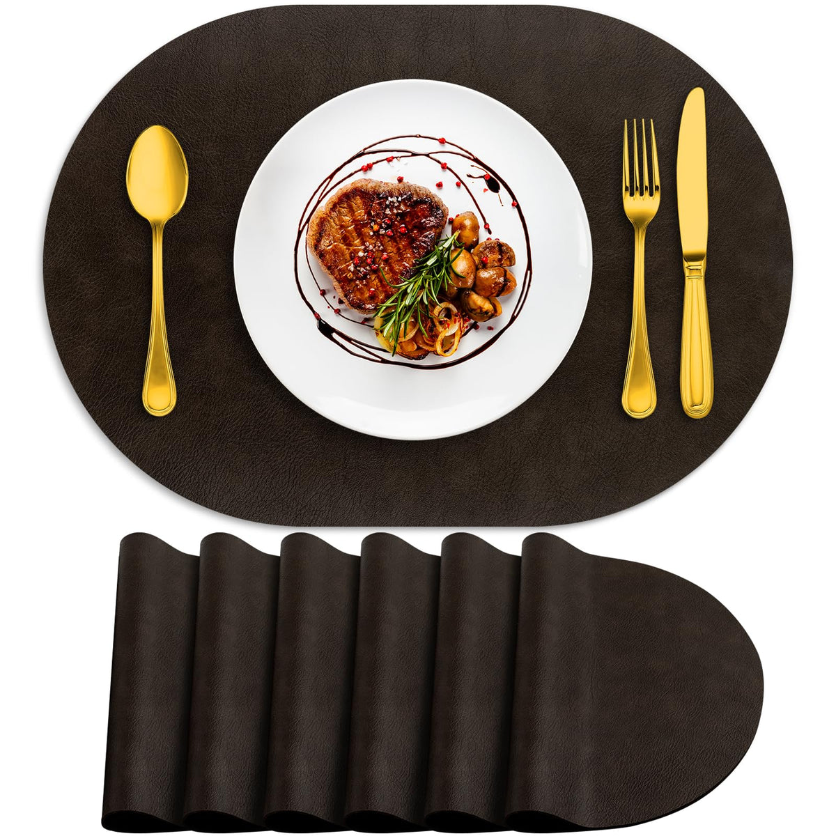 ADRIMER Faux Leather Placemats Set of 6, Heat Resistant 13"x13", Walnut