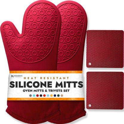 BPA-Free Soft Silicone 4 Piece Oven Mitts & Trivets Set - Ultra Heat Resistant Oven Mitts with Thick Cotton Liner - Long Slip Resistant Pot Holders, Flexible Oven Gloves - Black