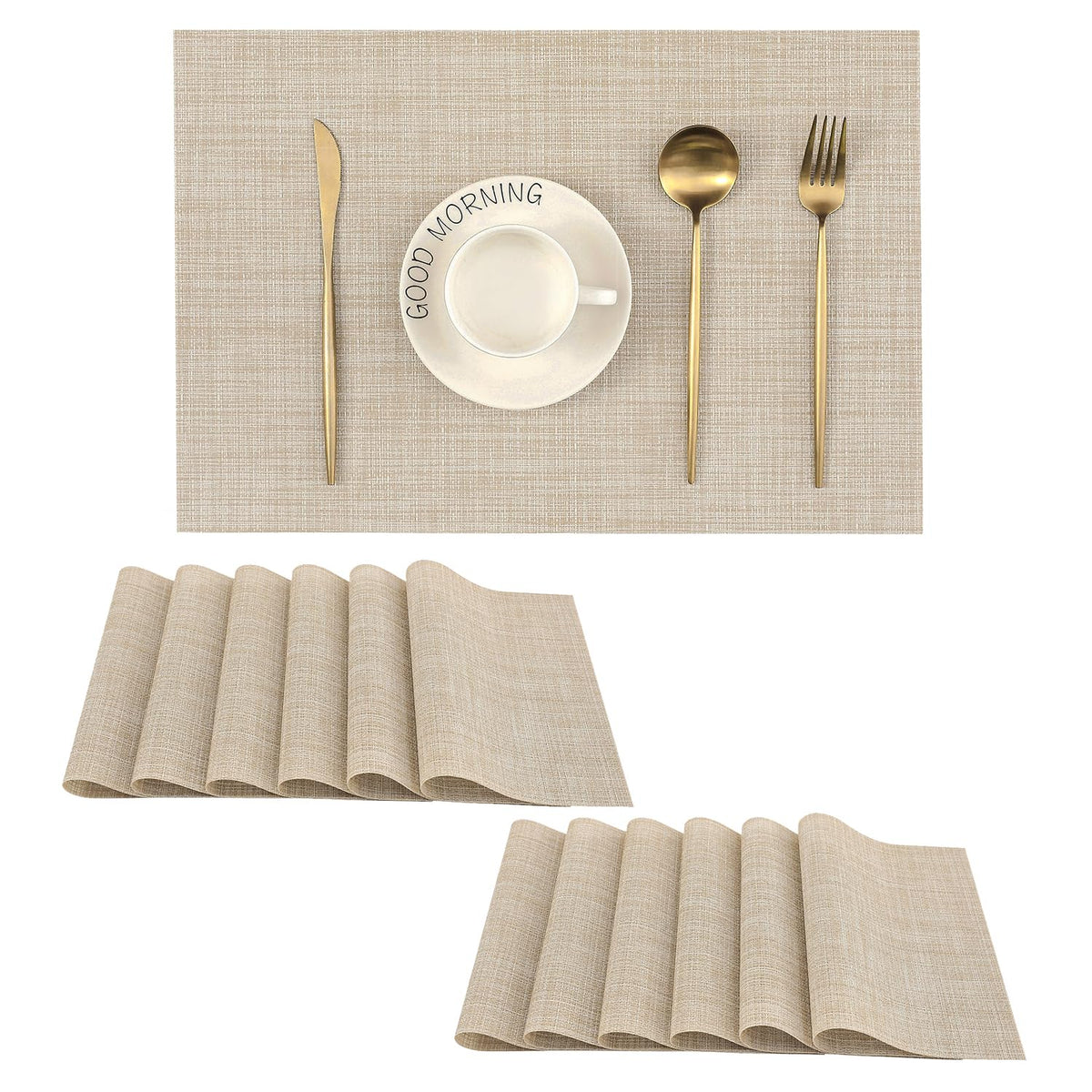 Woven Vinyl Beige Placemats Set of 12, Linen Look & Easy to Clean