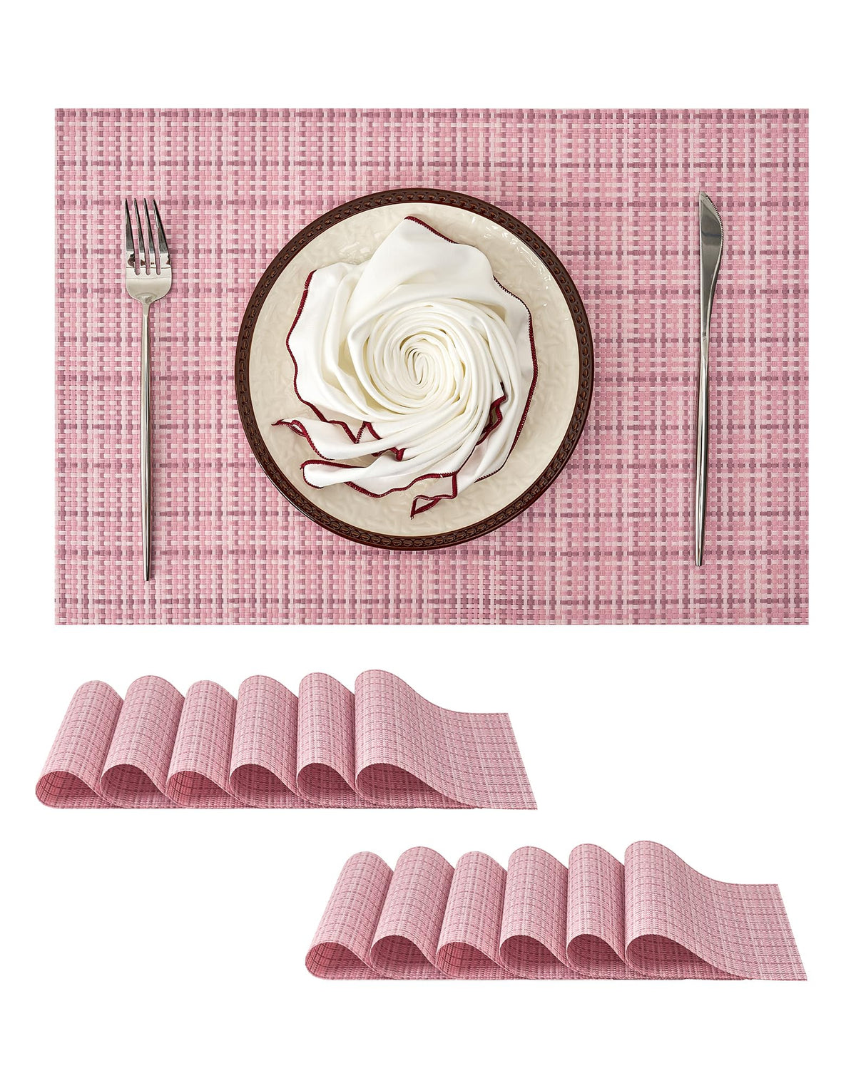 Beige Placemats Set of 6 - Heat-Resistant, Non-Slip Table Mats, Washable Woven Vinyl for Indoor & Outdoor Dining