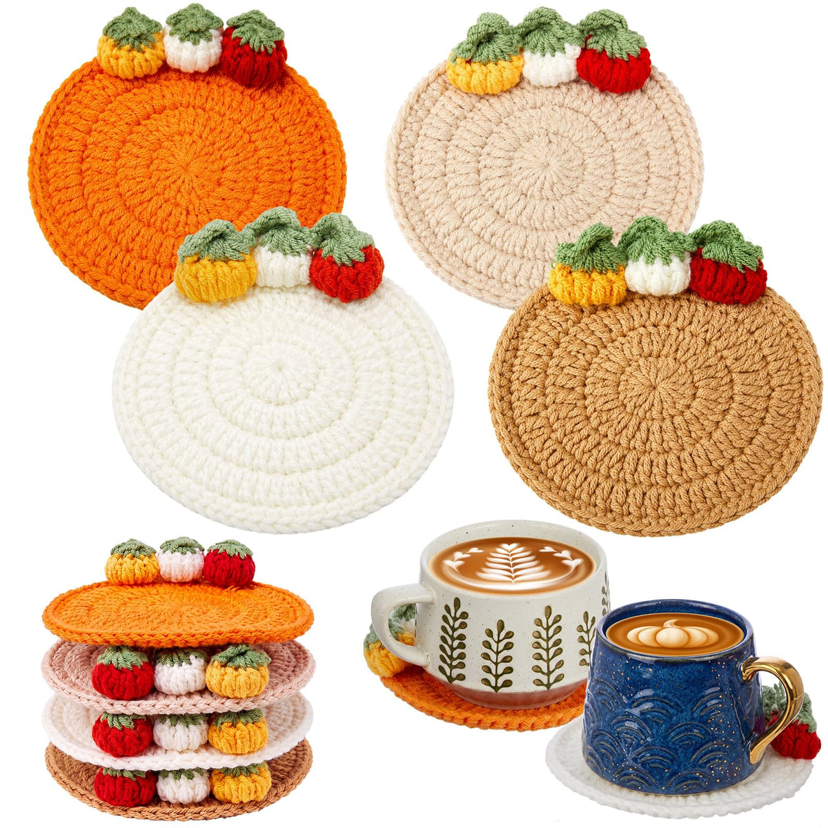 8 Pcs Fall Crochet Coasters, Orange,Brown,Terracotta,Beige, Pumpkin
