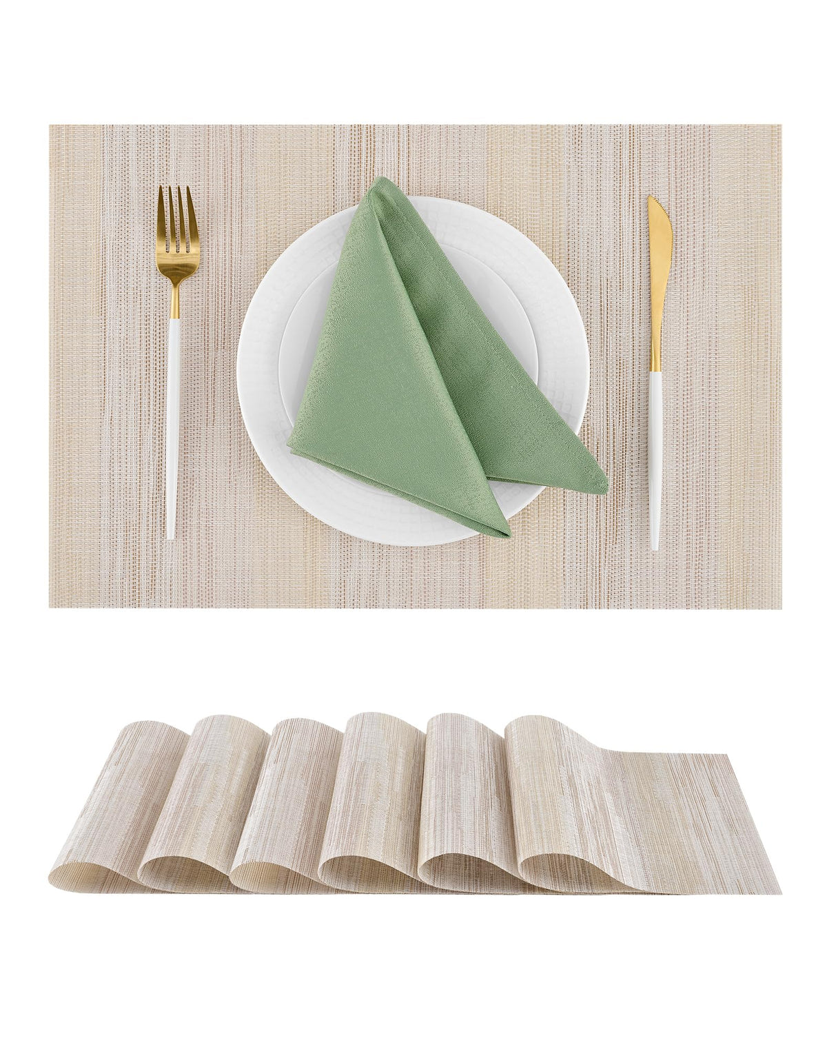 Woven Vinyl Beige Placemats Set of 12, Linen Look & Easy to Clean